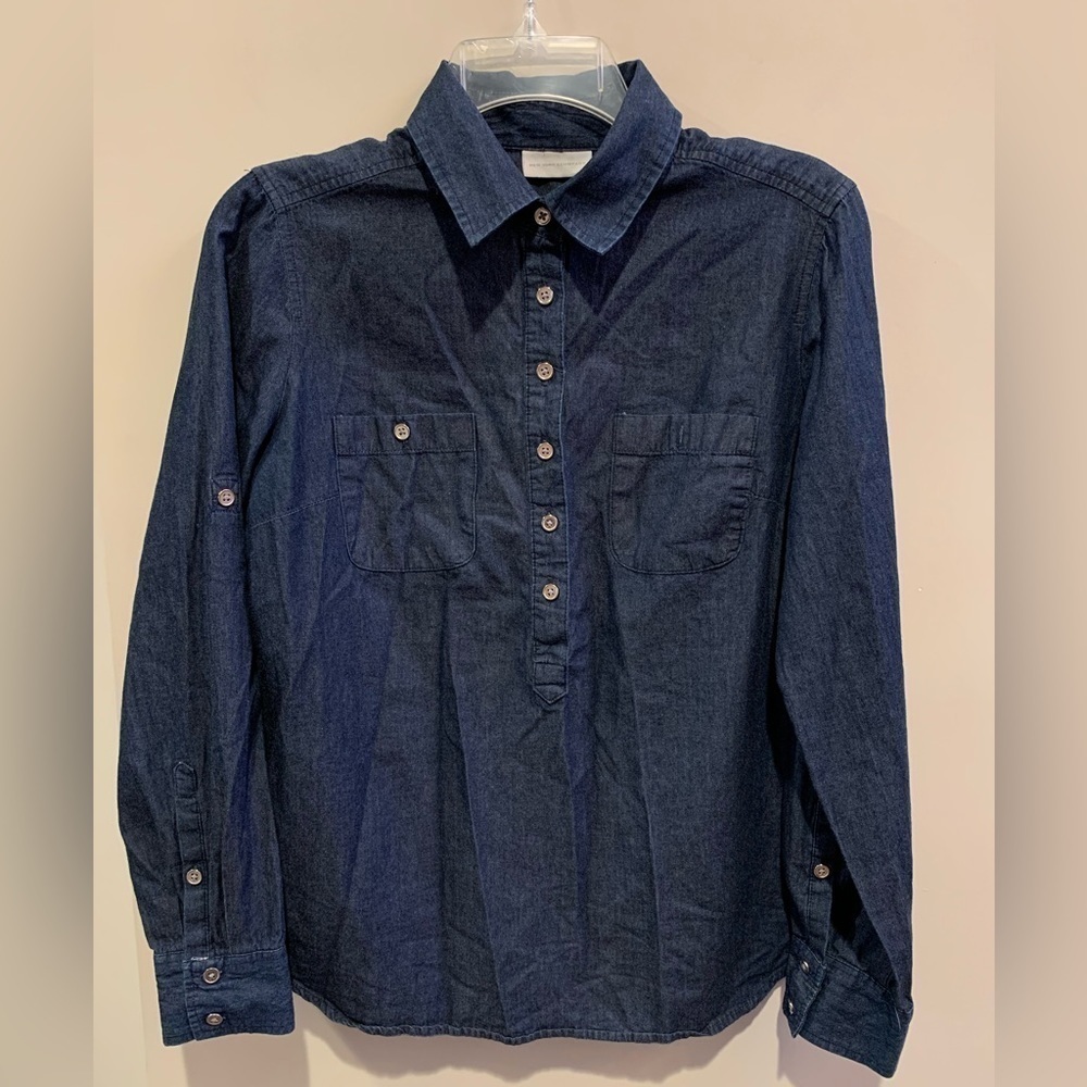 New York & Company Pullover Chambray Denim Shirt  Women’s Small Roll Tab Sleeves